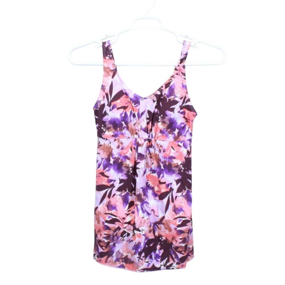 LL Bean Shaping Swimwear Soft Drape Tankini Top Purple Floral Size 8
